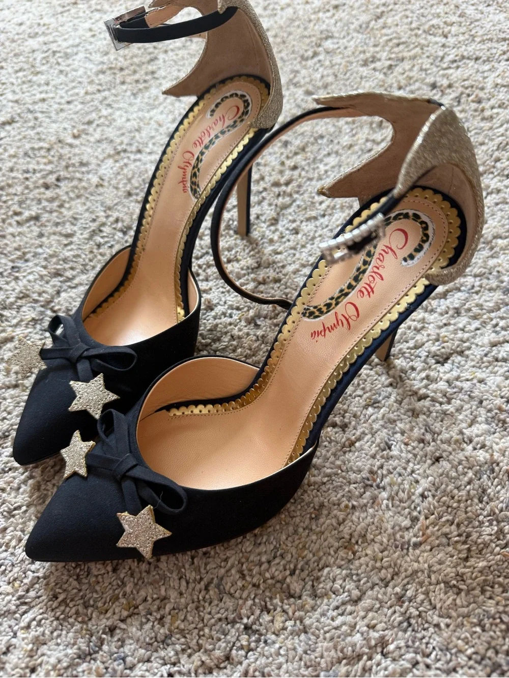 Charlotte Olympia Black Pointed-Toe Ankle-Strap Heels with Gold Star Accents